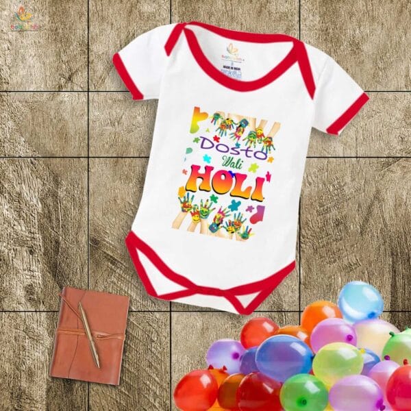 Baby First Holi Romper Clothes Baby holi festival Bodysuits Newborn Outfit Envelop Neck Half Sleeve Unisex Onesies "Friendship Holi Festivals" - Image 2