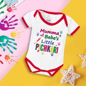 Baby First Holi Romper Clothes Baby holi festival Bodysuits Newborn Outfit Envelop Neck Half Sleeve Unisex Onesies "Baba's Pichkari"