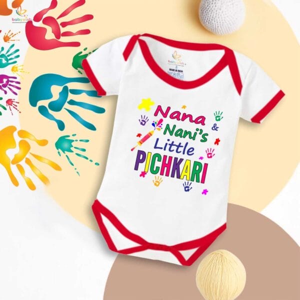 Baby First Holi Romper Clothes Baby holi festival Bodysuits Newborn Outfit Envelop Neck Half Sleeve Unisex Onesies "Nana's Nani Little Pichkari" - Image 2