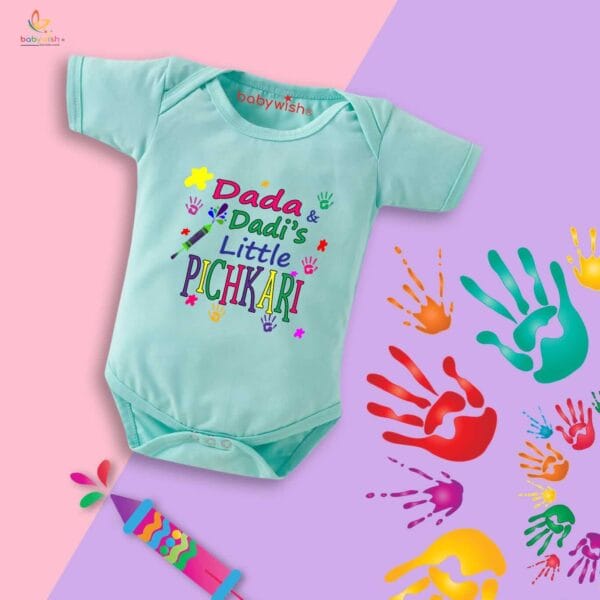 Baby First Holi Romper Clothes Baby holi festival Bodysuits Newborn Outfit Envelop Neck Half Sleeve Unisex Onesies "Grandpa's Little Pichkari" - Image 4