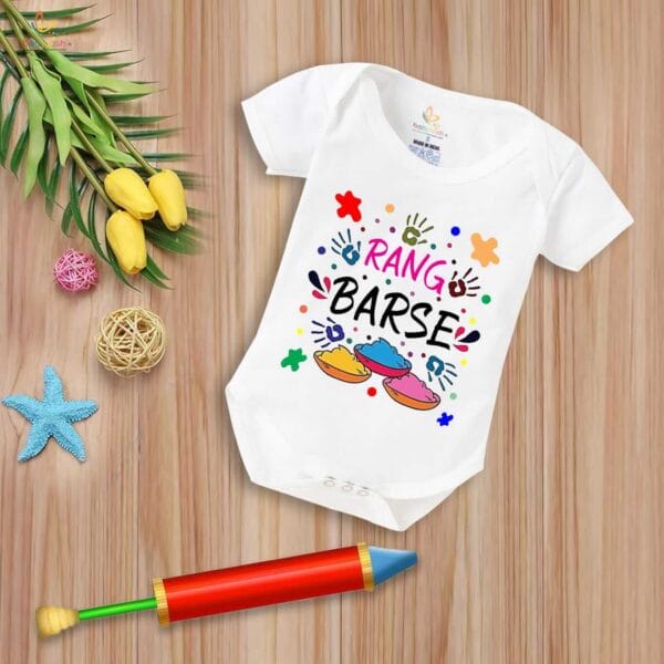 Baby First Holi Romper Clothes Baby holi festival Bodysuits Newborn Outfit Envelop Neck Half Sleeve Unisex Onesies "Rang Barse Holi Print" - Image 2