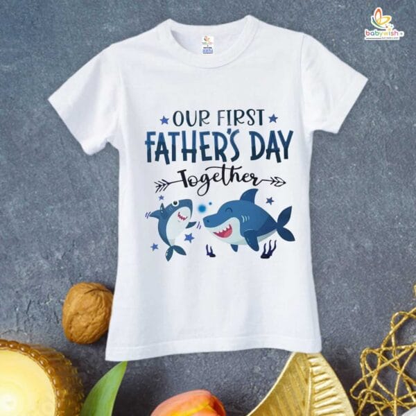 Fathers Day Special Combo White T-Shirts Sets for Father and KId Combo Pack of 2 | Our First Father's Day Together Shark Print| - Image 2