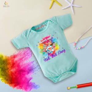 Baby First Holi Romper Clothes Baby holi festival Bodysuits Newborn Outfit Envelop Neck Half Sleeve Unisex Onesies "Happy Holi Cartoon Print"