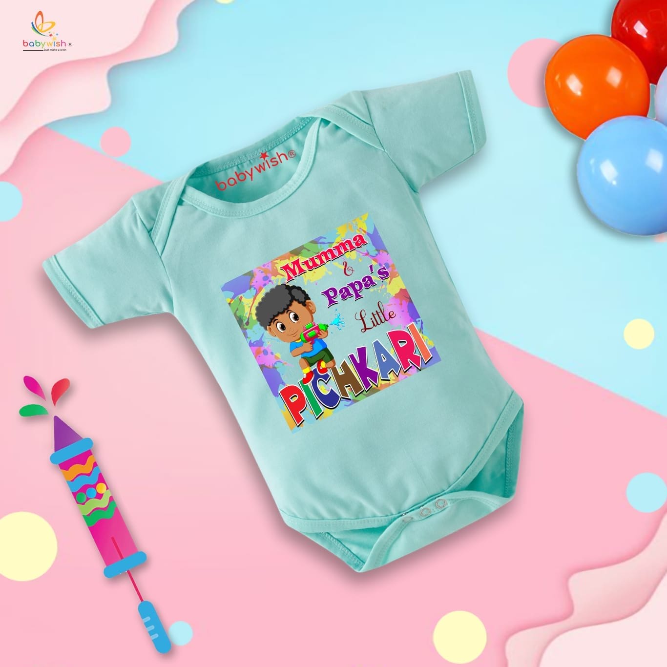 Baby First Holi Romper Clothes Baby holi festival Bodysuits Newborn Outfit Envelop Neck Half Sleeve Unisex Onesies "Boy Playing with Pichkari"