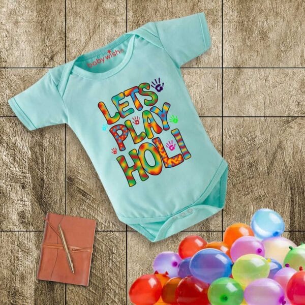 Baby First Holi Romper Clothes Baby holi festival Bodysuits Newborn Outfit Envelop Neck Half Sleeve Unisex Onesies "Lets Play Holi"