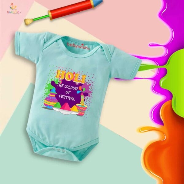 Baby First Holi Romper Clothes Baby holi festival Bodysuits Newborn Outfit Envelop Neck Half Sleeve Unisex Onesies "Holi is the Colorful Festivals" - Image 2
