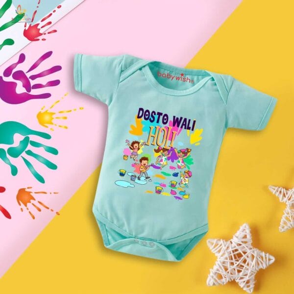 Baby First Holi Romper Clothes Baby holi festival Bodysuits Newborn Outfit Envelop Neck Half Sleeve Unisex Onesies "Dosto Wali Group Holi" - Image 2