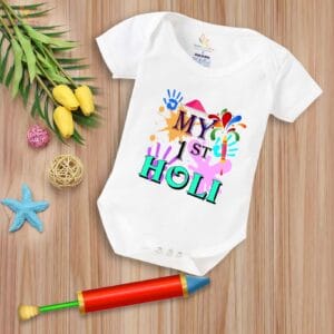 Baby First Holi Romper Clothes Baby holi festival Bodysuits Newborn Outfit Envelop Neck Half Sleeve Unisex Onesies "My 1st Holi Print Color"
