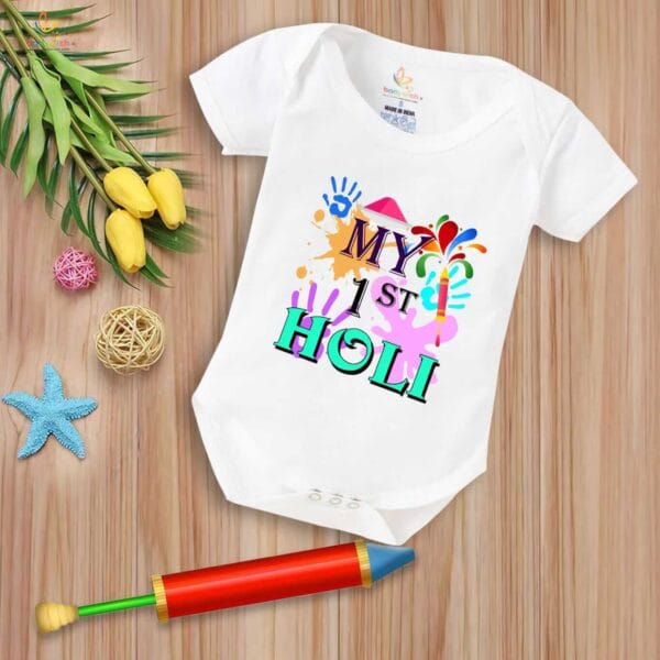 Baby First Holi Romper Clothes Baby holi festival Bodysuits Newborn Outfit Envelop Neck Half Sleeve Unisex Onesies "My 1st Holi Print Color"