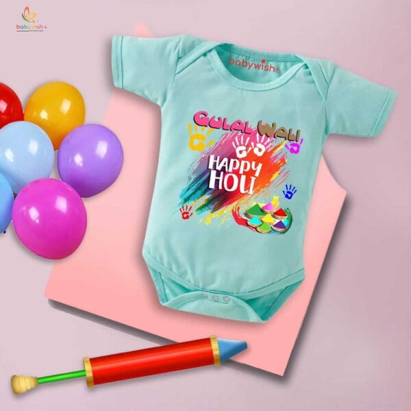 Baby First Holi Romper Clothes Baby holi festival Bodysuits Newborn Outfit Envelop Neck Half Sleeve Unisex Onesies "Gulal Wali Happy Holi" - Image 2
