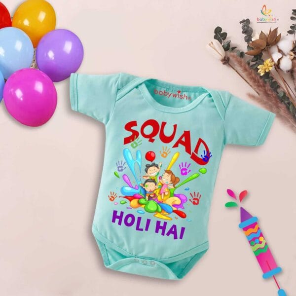 Baby First Holi Romper Clothes Baby holi festival Bodysuits Newborn Outfit Envelop Neck Half Sleeve Unisex Onesies "Squad me Holi" - Image 2