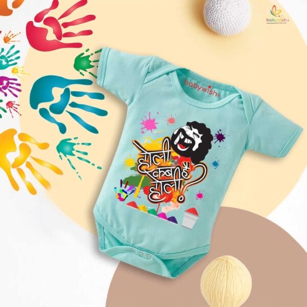 Baby First Holi Romper Clothes Baby holi festival Bodysuits Newborn Outfit Envelop Neck Half Sleeve Unisex Onesies "Holi Kab Hai" - Image 2
