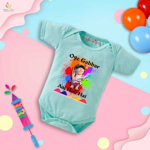 Baby First Holi Romper Clothes Baby holi festival Bodysuits Newborn Outfit Envelop Neck Half Sleeve Unisex Onesies "Oye Gabbar Aaj Holi Hai" - Image 2