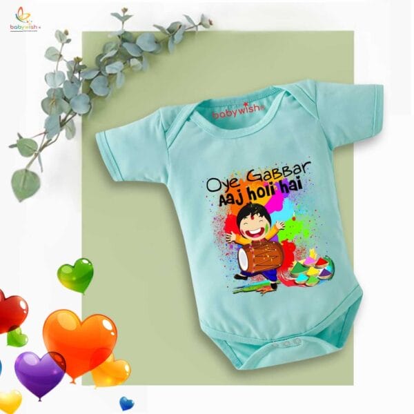 Baby First Holi Romper Clothes Baby holi festival Bodysuits Newborn Outfit Envelop Neck Half Sleeve Unisex Onesies "Oye Gabbar Aaj Colorful Holi Hai" - Image 4