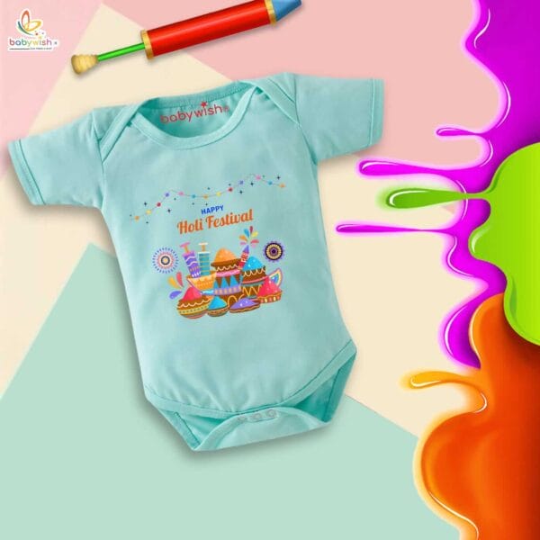 Baby First Holi Romper Clothes Baby holi festival Bodysuits Newborn Outfit Envelop Neck Half Sleeve Unisex Onesies "Happy Holi Festivals Watergun" - Image 4