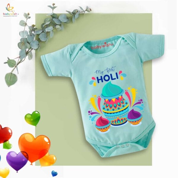 Baby First Holi Romper Clothes Baby holi festival Bodysuits Newborn Outfit Envelop Neck Half Sleeve Unisex Onesies "First Colorful Holi" - Image 4