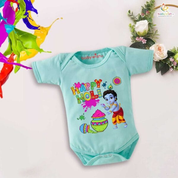 Baby First Holi Romper Clothes Baby holi festival Bodysuits Newborn Outfit Envelop Neck Half Sleeve Unisex Onesies "Holi Celebrations with Kanha" - Image 4