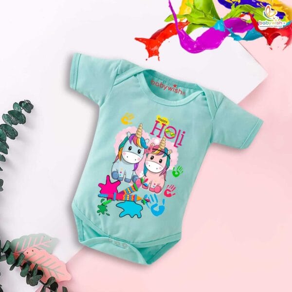 Baby First Holi Romper Clothes Baby holi festival Bodysuits Newborn Outfit Envelop Neck Half Sleeve Unisex Onesies "Holi Celebrations with Unicorn"