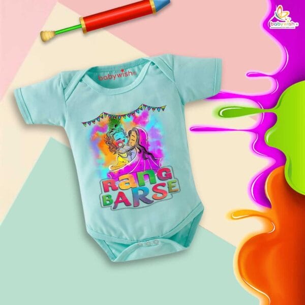 Baby First Holi Romper Clothes Baby holi festival Bodysuits Newborn Outfit Envelop Neck Half Sleeve Unisex Onesies "Rang Barse Holi Me" - Image 2