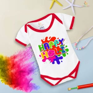 Baby First Holi Romper Clothes Baby holi festival Bodysuits Newborn Outfit Envelop Neck Half Sleeve Unisex Onesies "Colorful Holi"