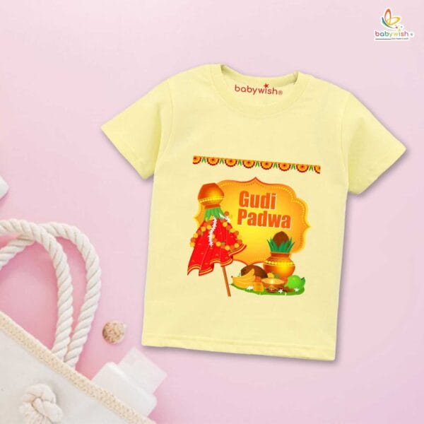 Gudi Padwa T-shirt for Kids Unisex Gudi Padwa Topwear Outfit Printed Half Sleeve Tshirt Dress for Boy n Girl "Worship on Gudi Padwa Festival" - Image 2