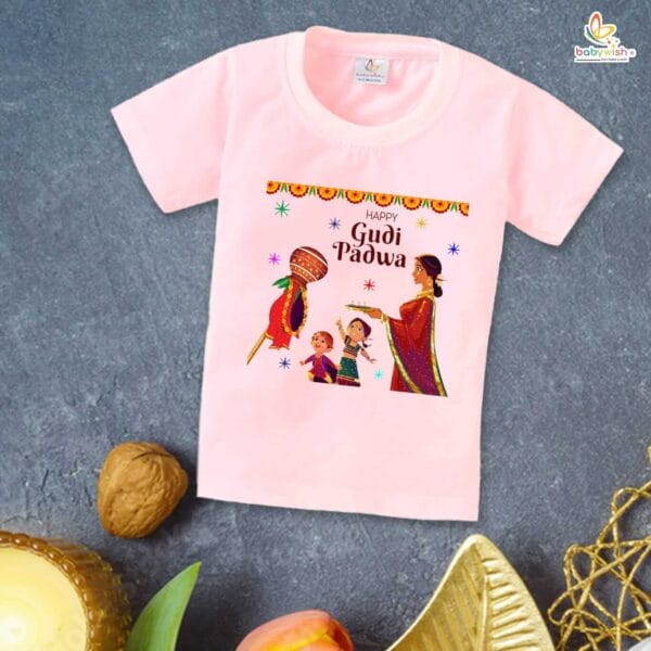 Gudi Padwa T-shirt for Kids Unisex Gudi Padwa Topwear Outfit Printed Half Sleeve Tshirt Dress for Boy n Girl "Happy Gudi Padwa - Image 3