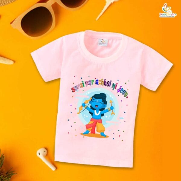 Ram Navmi T-shirt for Kids Unisex Navratri Topwear Outfit Printed Half Sleeve Tshirt Dress for Boy n Girl " Burai par achhai ki Jeet " - Image 3