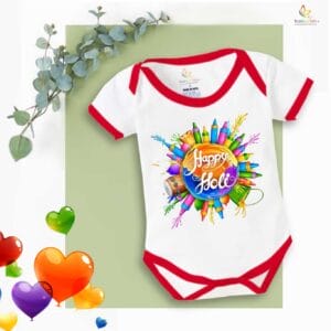 Baby First Holi Romper Clothes Baby holi festival Bodysuits Newborn Outfit Envelop Neck Half Sleeve Unisex Onesies "Watergun Printed Holi"