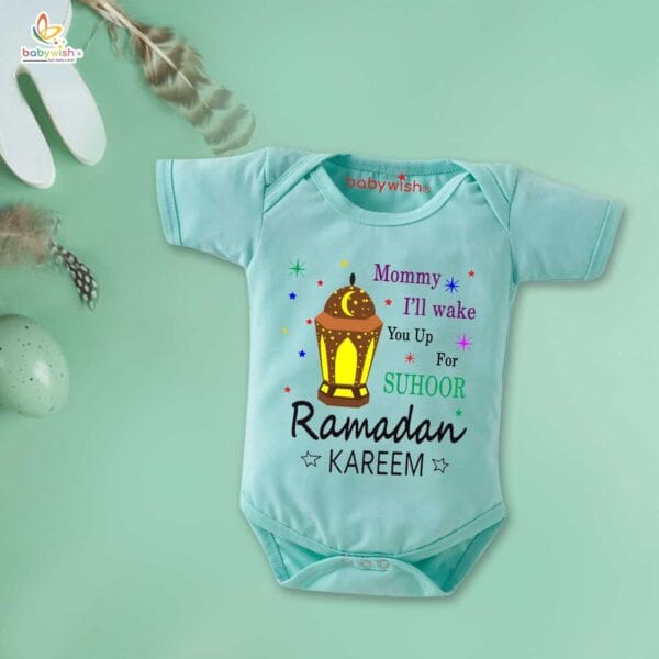 Baby First Eid Romper Clothes Baby Ramadan festival Bodysuits Newborn Outfit Envelop Neck Half Sleeve Unisex Onesies " Mommy I'll Wake You up for Suhoor " - Image 2