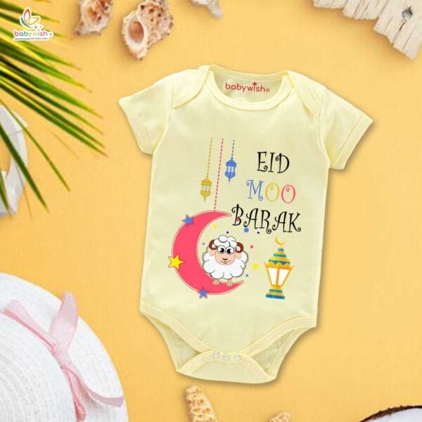 Baby First Eid Romper Clothes Baby Ramadan festival Bodysuits Newborn Outfit Envelop Neck Half Sleeve Unisex Onesies "Eid Moo Barak" - Image 3