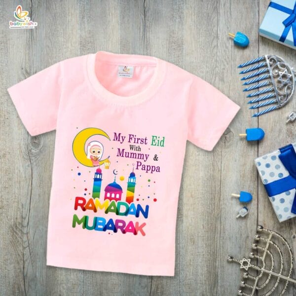 Eid T-shirt for Kids Unisex Ramadan Topwear Outfit Printed Half Sleeve Tshirt Dress for Boy n Girl "My First Eid with Mummy & Papa" - Image 3