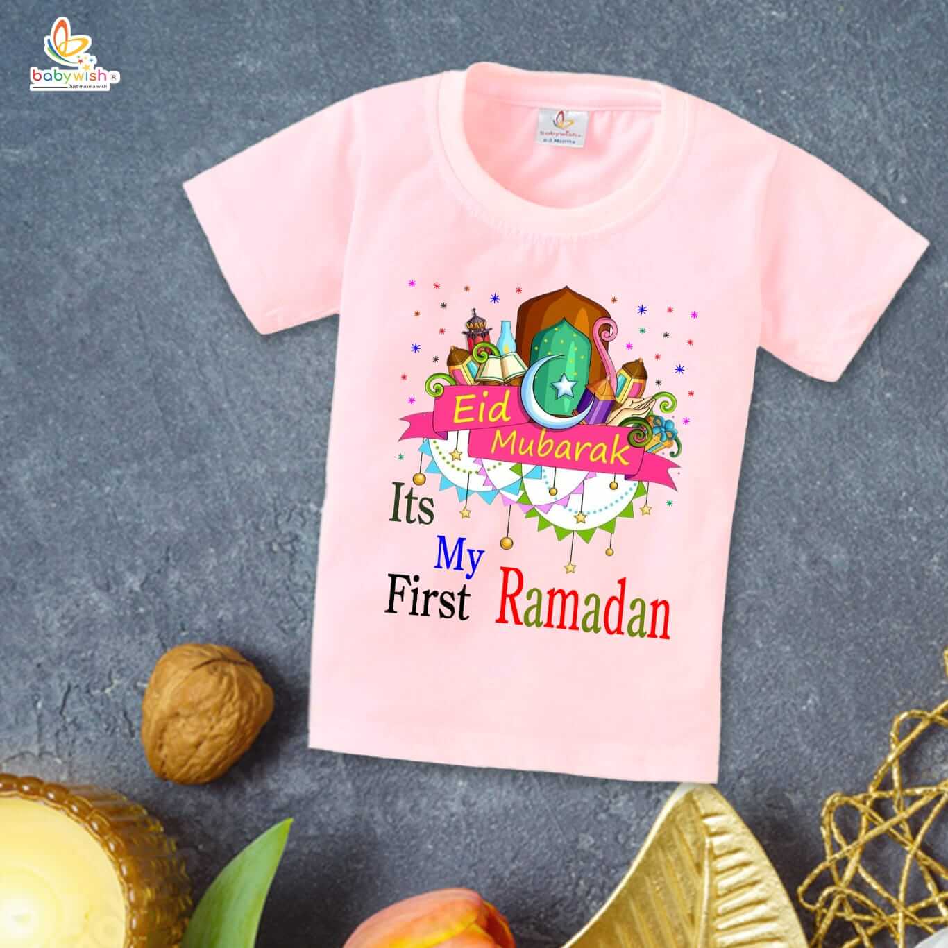 Eid T-shirt for Kids Unisex Ramadan Topwear Outfit Printed Half Sleeve Tshirt Dress for Boy n Girl " It's My First Ramadan "