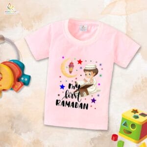 Eid T-shirt for Kids Unisex Ramadan Topwear Outfit Printed Half Sleeve Tshirt Dress for Boy n Girl " My First Ramadan Coloring Romper "