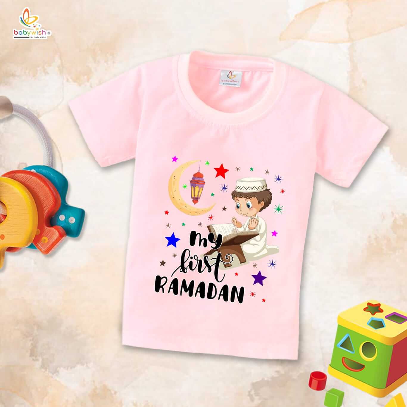 Eid T-shirt for Kids Unisex Ramadan Topwear Outfit Printed Half Sleeve Tshirt Dress for Boy n Girl " My First Ramadan Coloring Romper "