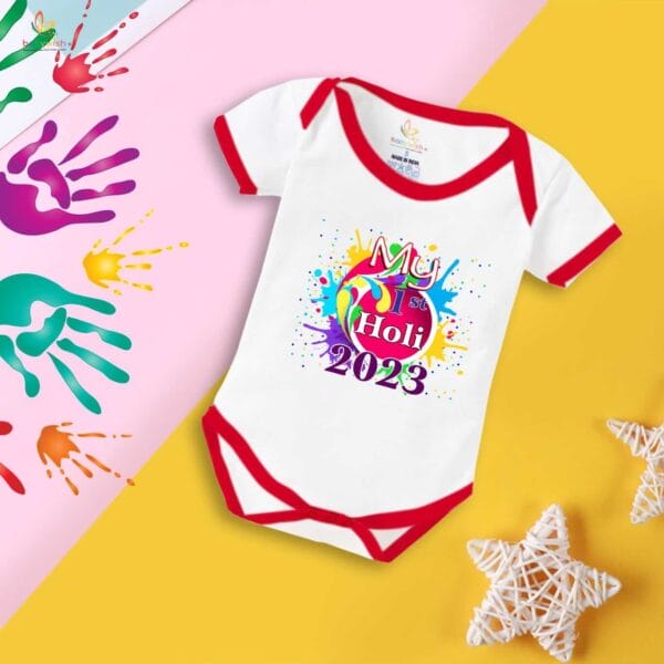 Baby First Holi Romper Clothes Baby holi festival Bodysuits Newborn Outfit Envelop Neck Half Sleeve Unisex Onesies "My First Holi in 2023" - Image 5