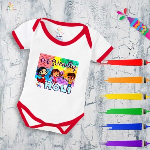 Baby First Holi Romper Clothes Baby holi festival Bodysuits Newborn Outfit Envelop Neck Half Sleeve Unisex Onesies "Play Ecofriendly Holi" - Image 5