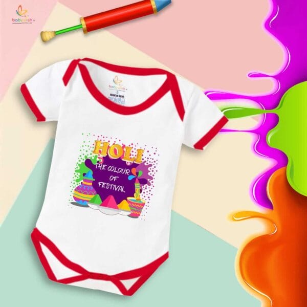 Baby First Holi Romper Clothes Baby holi festival Bodysuits Newborn Outfit Envelop Neck Half Sleeve Unisex Onesies "Holi is the Colorful Festivals" - Image 5