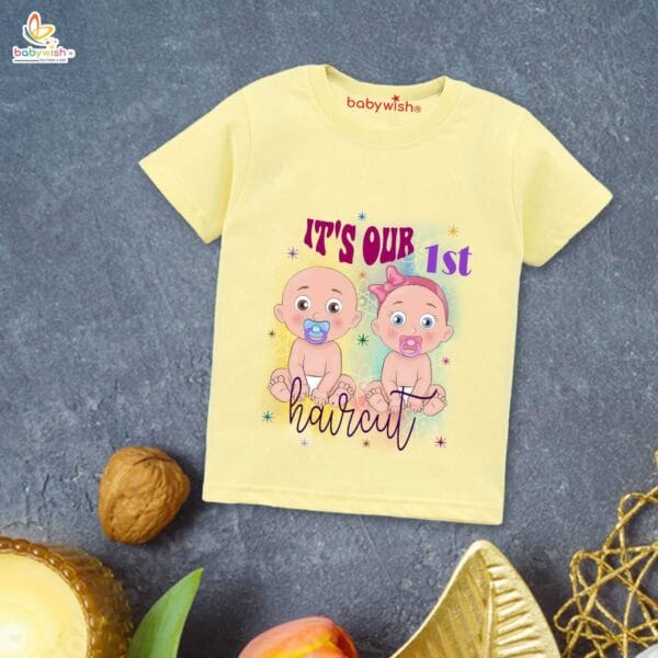 First Mundan ceremony T-shirt for Kids Clothes Unisex occasion mundan Topwear Outfit Half Sleeve for Boy n Girl | It's Our First Hair Cut Twins Printed | - Image 4