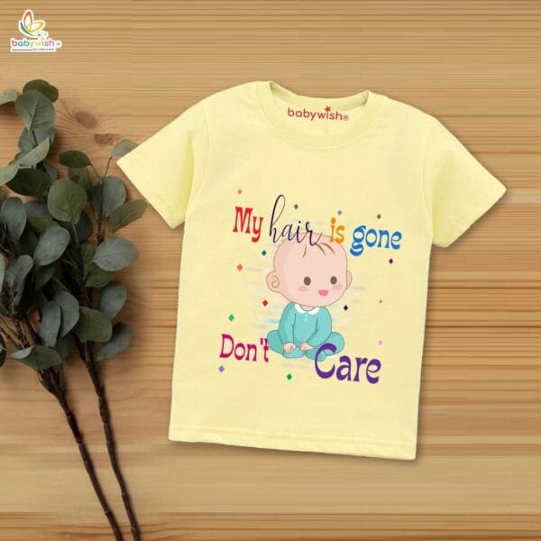 First Mundan ceremony T-shirt for Kids Clothes Unisex occasion mundan Topwear Outfit Half Sleeve for Boy n Girl | My Hair is Gone Don't Care | - Image 4