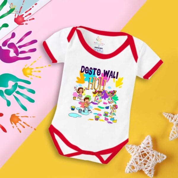 Baby First Holi Romper Clothes Baby holi festival Bodysuits Newborn Outfit Envelop Neck Half Sleeve Unisex Onesies "Dosto Wali Group Holi" - Image 5