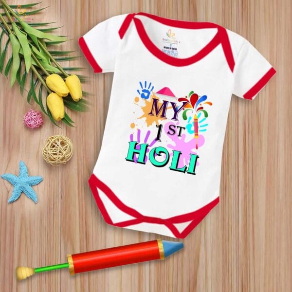 Baby First Holi Romper Clothes Baby holi festival Bodysuits Newborn Outfit Envelop Neck Half Sleeve Unisex Onesies "My 1st Holi Print Color" - Image 5