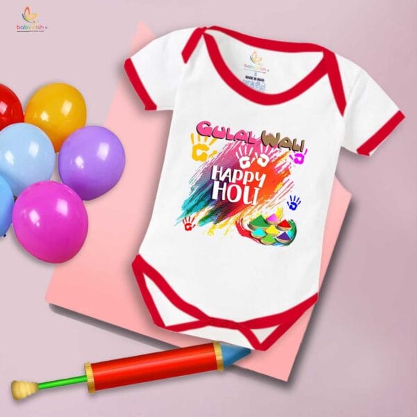 Baby First Holi Romper Clothes Baby holi festival Bodysuits Newborn Outfit Envelop Neck Half Sleeve Unisex Onesies "Gulal Wali Happy Holi" - Image 5