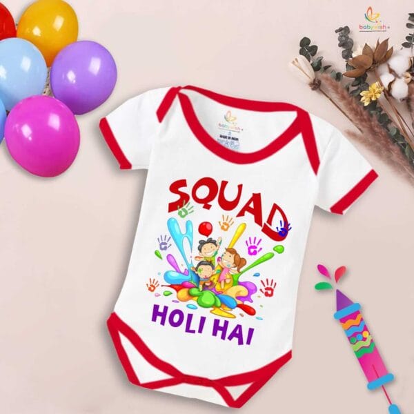 Baby First Holi Romper Clothes Baby holi festival Bodysuits Newborn Outfit Envelop Neck Half Sleeve Unisex Onesies "Squad me Holi" - Image 5