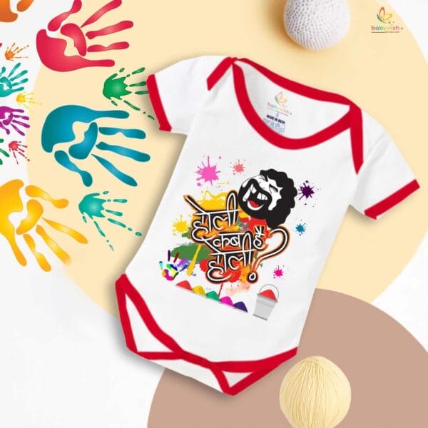Baby First Holi Romper Clothes Baby holi festival Bodysuits Newborn Outfit Envelop Neck Half Sleeve Unisex Onesies "Holi Kab Hai" - Image 5
