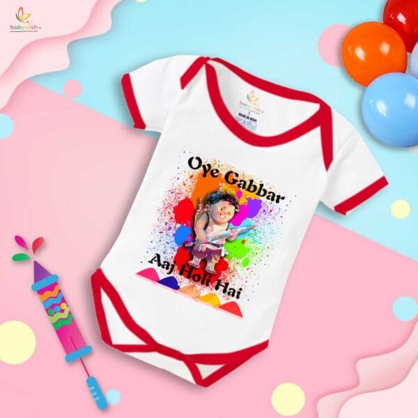Baby First Holi Romper Clothes Baby holi festival Bodysuits Newborn Outfit Envelop Neck Half Sleeve Unisex Onesies "Oye Gabbar Aaj Holi Hai" - Image 5