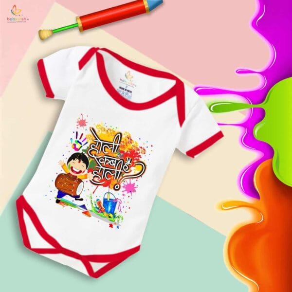 Baby First Holi Romper Clothes Baby holi festival Bodysuits Newborn Outfit Envelop Neck Half Sleeve Unisex Onesies "Holi Kab Hai Batao" - Image 5