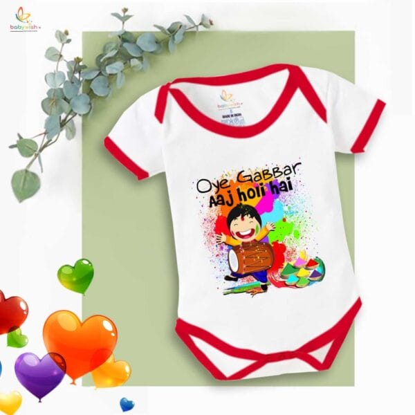 Baby First Holi Romper Clothes Baby holi festival Bodysuits Newborn Outfit Envelop Neck Half Sleeve Unisex Onesies "Oye Gabbar Aaj Colorful Holi Hai" - Image 2