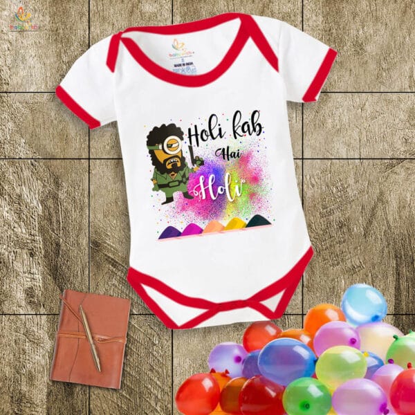 Baby First Holi Romper Clothes Baby holi festival Bodysuits Newborn Outfit Envelop Neck Half Sleeve Unisex Onesies "Gabbar printed on Holi"