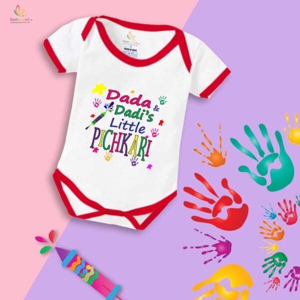 Baby First Holi Romper Clothes Baby holi festival Bodysuits Newborn Outfit Envelop Neck Half Sleeve Unisex Onesies "Grandpa's Little Pichkari" - Image 2
