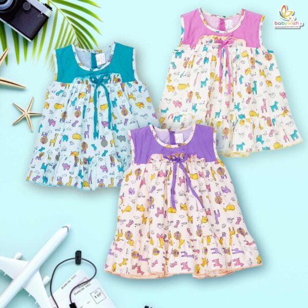Babywish Baby Girl Cotton Frock Newborn Girl Knee Length Sleeveless Dress Jungle Theme Printed
